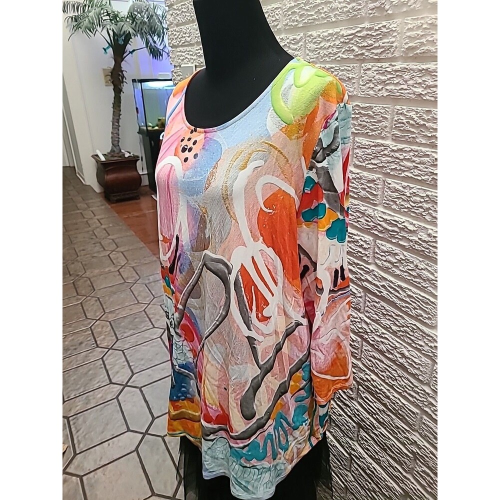 CLAIRE DESJARDINS Women's Size XL Abstract Art to Wear 3/4 Sleeve Funky Loud Top - Picture 2 of 6